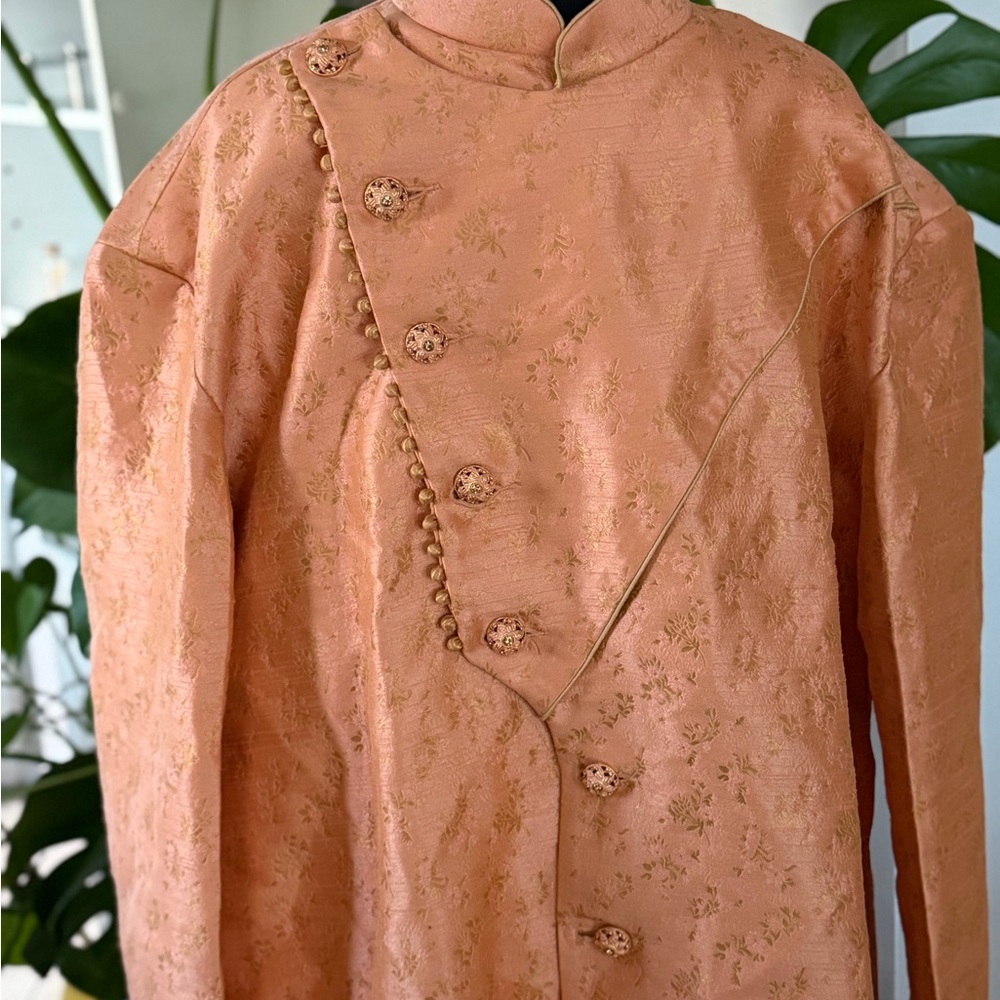 Men Peach Brocade Sherwani Mandarin Collar Jacket